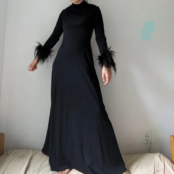 Vintage Dresses | Vintage 70's Mockneck Long Sleeve Feather Trim Maxi Dress | Color: Black | Size: 4 | Pm-88282520's Closet